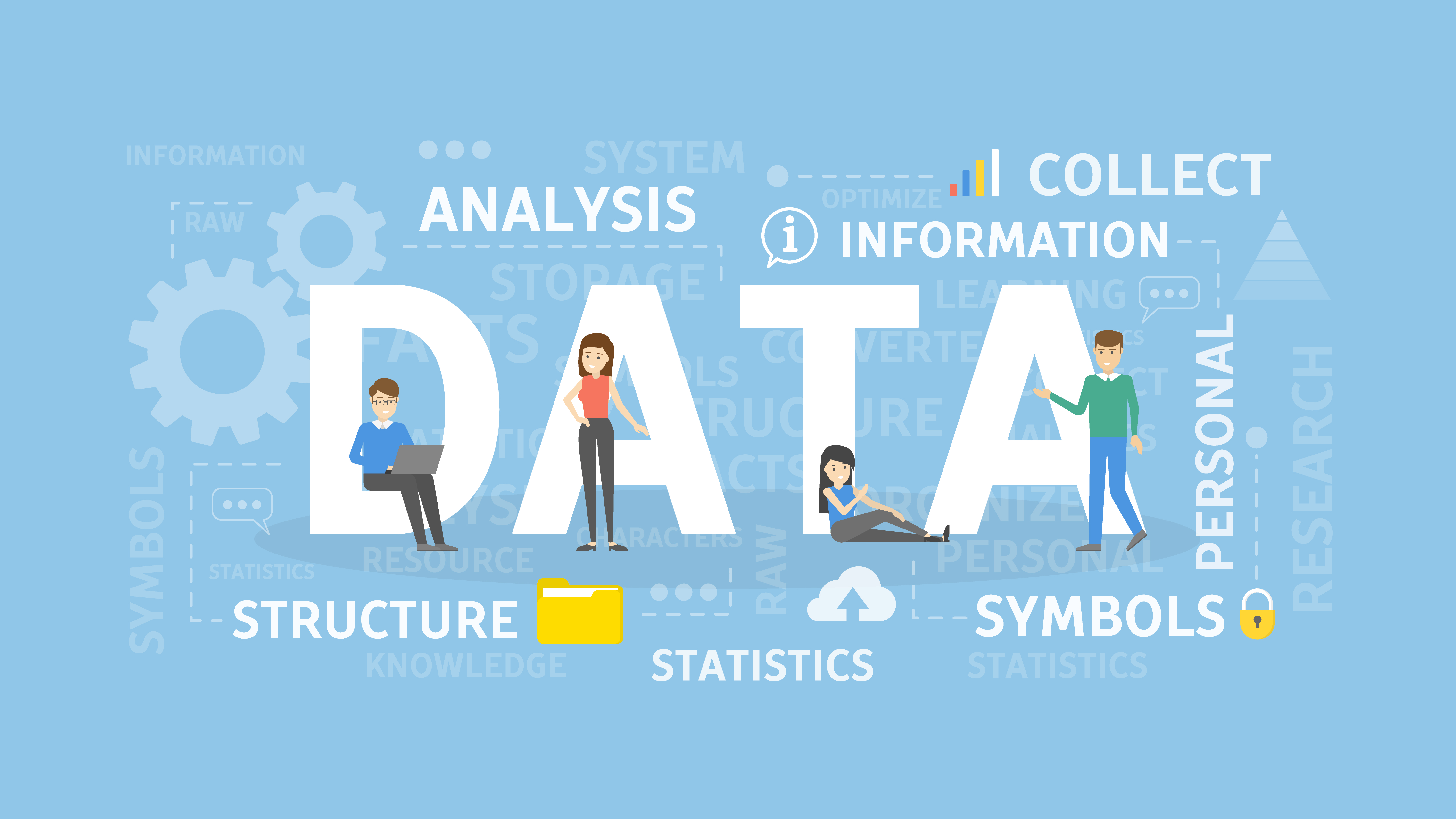 Illustration of people working with large data letters, surrounded by keywords like analysis, information, structure, and statistics, emphasizing the importance of accurate data collection.